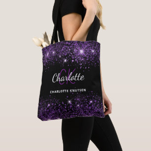 Svarta lila glitter monogram initialer namn tygkasse