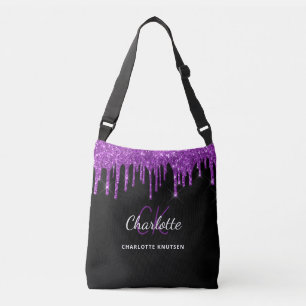Svarta lila glitterdroppar monogram initialer axelväska