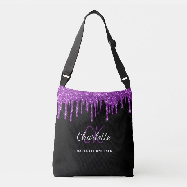 Svarta lila glitterdroppar monogram initialer axelväska (Framsida)