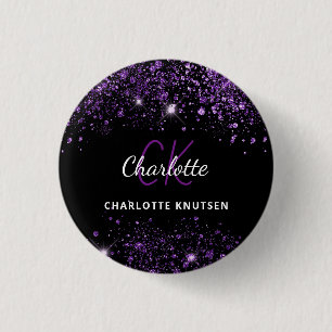 Svarta lila glittermonogram initialer knapp