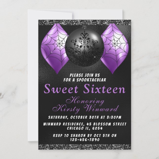 Svarta lila Halloween-ornamenten Sweet 16 Inbjudningar (Framsida)