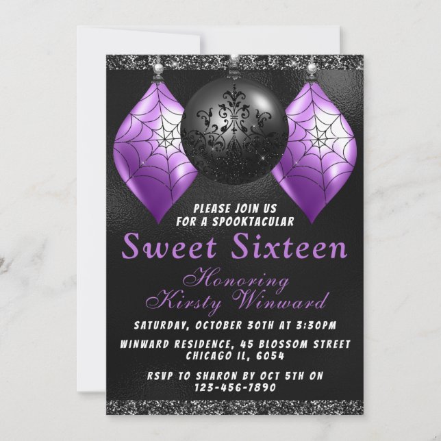 Svarta lila Halloween-ornamenten Sweet 16 Inbjudningar (Framsida)