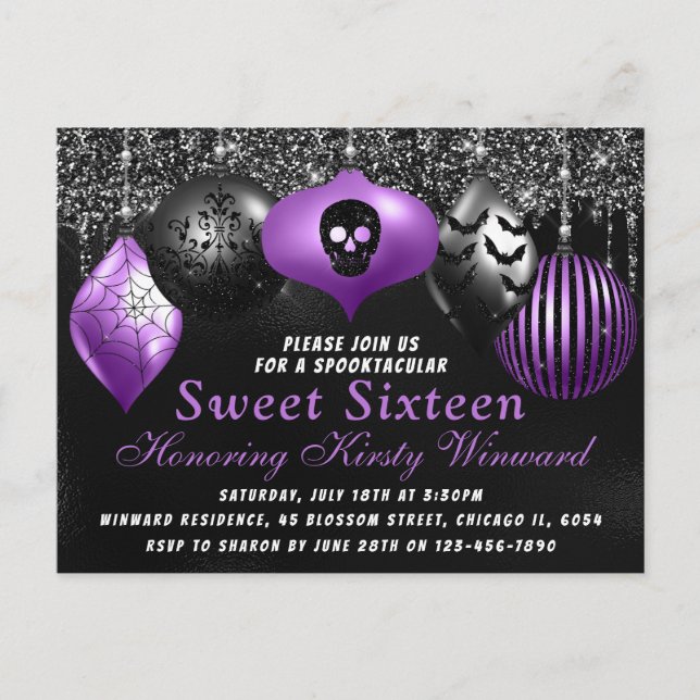Svarta lila Halloween-ornamenter Sweet 16 Vykort (Framsida)