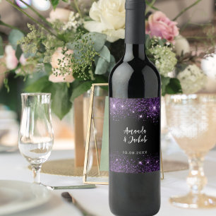 Svarta lilan glitter bröllop vinflaska etikett