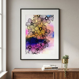Svarta linjekonstblommor Vibrerande pastell vatten Poster