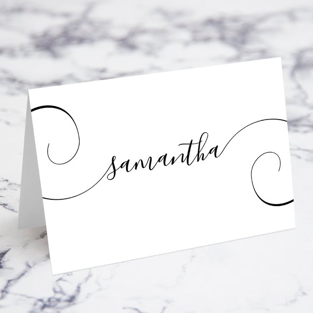 Svarta Lockiga Signatur Individuella Namnskyltar Bordsnummer (Black Curly Signature Individual Name Place Cards)