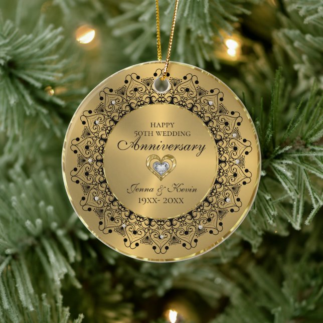 Svarta mandala på Guld vid 50:e Bröllop-årsdagen Julgransprydnad Keramik (Träd)