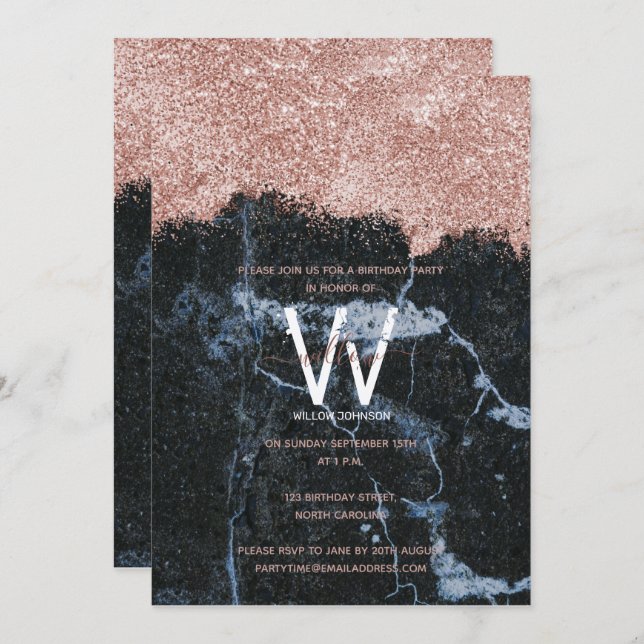 Svarta Marble Glitter i ro varje år Inbjudningar (Fram/baksida)