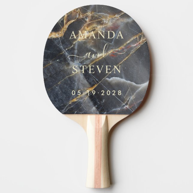 Svarta Marmor & Guld Par Namn med Bröllopsdatum Pingisracket (Baksidan)