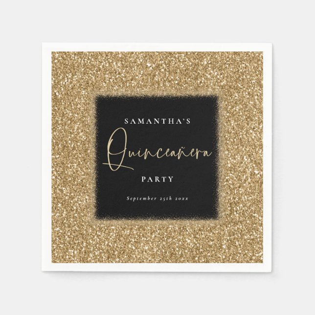 Svarta med Guld Glitter Namn Quinceañera Party Pappersservett (Framsidan)
