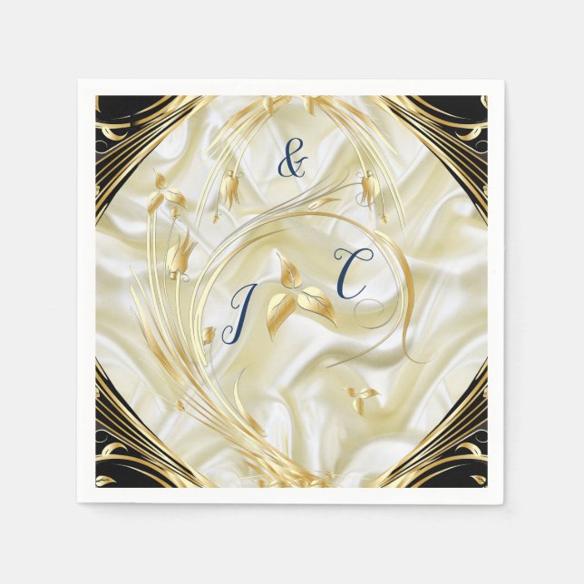 Svarta med Guld vid silke struktur Pappersservett (Framsidan)
