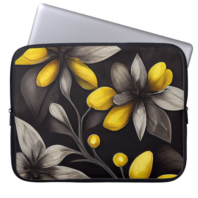 SVARTA MED GULT- OCH GRÅTT-BLOMMOR LAPTOP FODRAL (Framsidan)