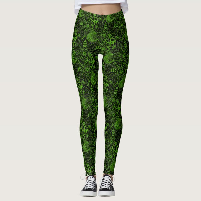 Svarta med Neon Grönt Blommigt Snöre Mönster Leggings (Framsida)