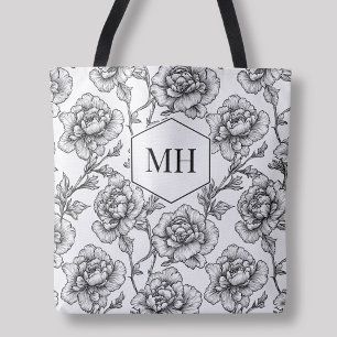 Svarta monogram blomstereleganta botaniska blommor tygkasse