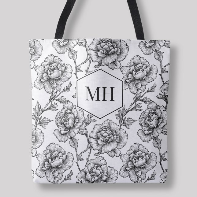 Svarta monogram blomstereleganta botaniska blommor tygkasse (Black Monogram Floral Elegant Botanical Flowers Tote Bag)