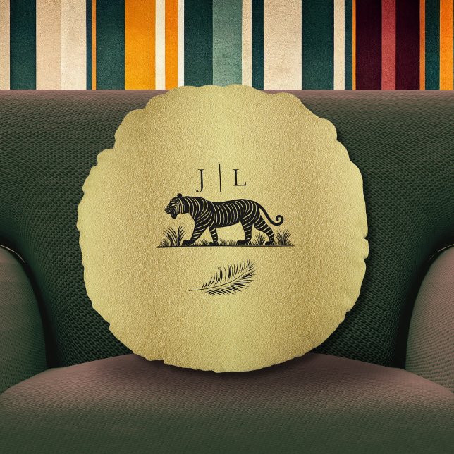 Svarta Monogram för elegant Guld Rund Kudde (Skapare uppladdad)