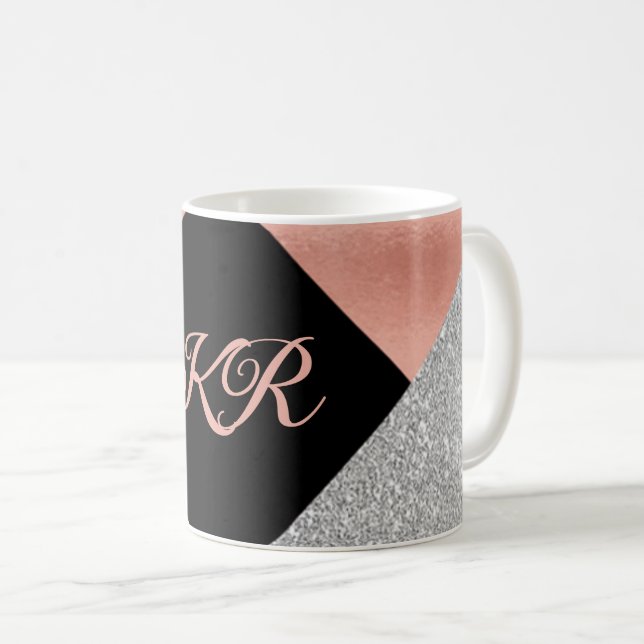 Svarta Monogram för elegant vid Silver Glitter Kaffemugg (Framsida höger)