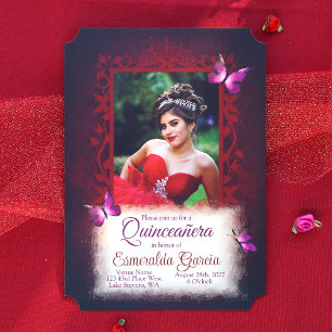 Svarta, Mörkröda, Violetta Fjärilar Quinceanera Inbjudningar