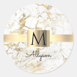 Svarta Namn och Monogram vid Vita och Guld Marble Runt Klistermärke