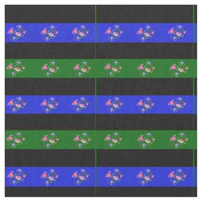 Svarta, öarnas grönt, royalet blå folkblomma rand tyg (Närbild)