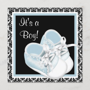 Svarta och blå damast Baby Boy Shower-barnskor Inbjudningar