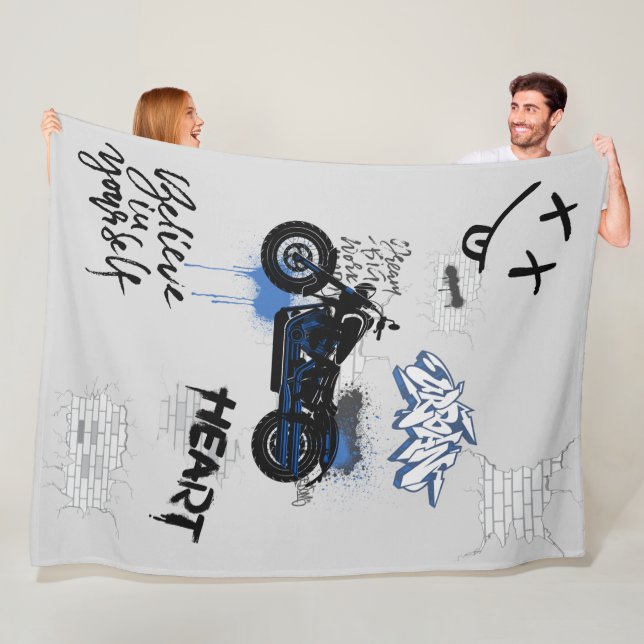 Svarta och blå motorcykel graffiti grått fleecefilt (På plats)