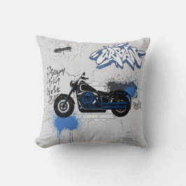 Svarta och blå motorcykel graffiti grått kudde