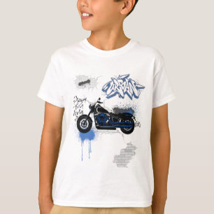 Svarta och blå motorcykel graffiti grått t shirt