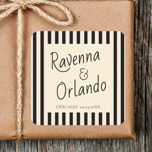 Svarta och elfenbensfärgade randiga retro minimali fyrkantigt klistermärke
