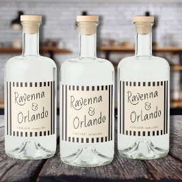 Svarta och elfenbensfärgade randiga retro minimali spritflaskor etikett