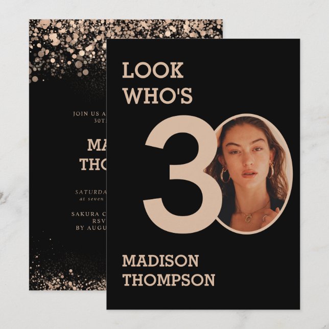 Svarta och Gnistra Guld Glitter 30års födelsedag Inbjudningar (Fram/baksida)