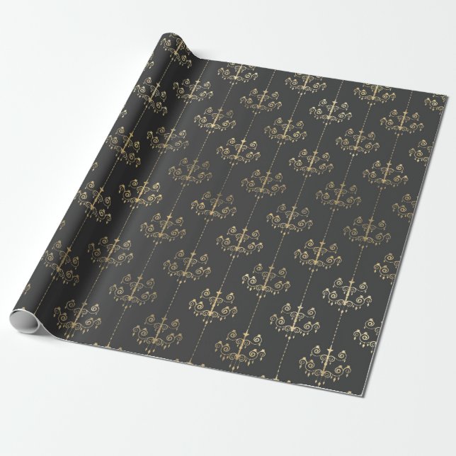 Svarta och grå vintagekronljus presentpapper (Utrullad)