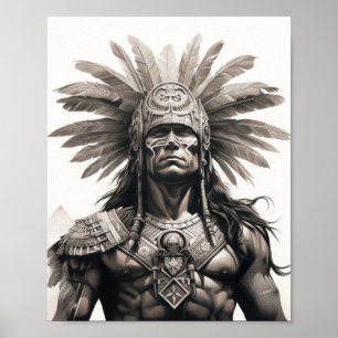 Svarta och Grått Aztec Warrior på vit bakgrund P Poster
