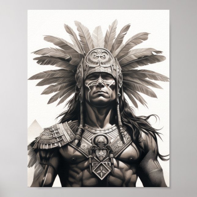 Svarta och Grått Aztec Warrior på vit bakgrund P Poster (Framsidan)