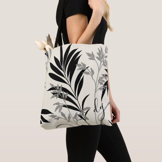 Svarta och Grått Fern Fronte Tote Bag Tygkasse (Närbild)