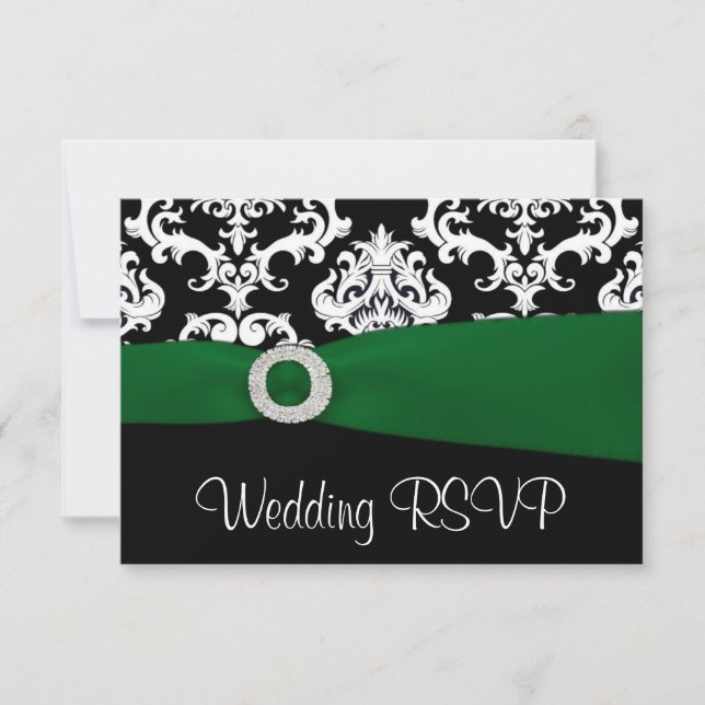 Svarta och gröna Damask RSVP-kort för bröllop Inbjudningar (Framsida)
