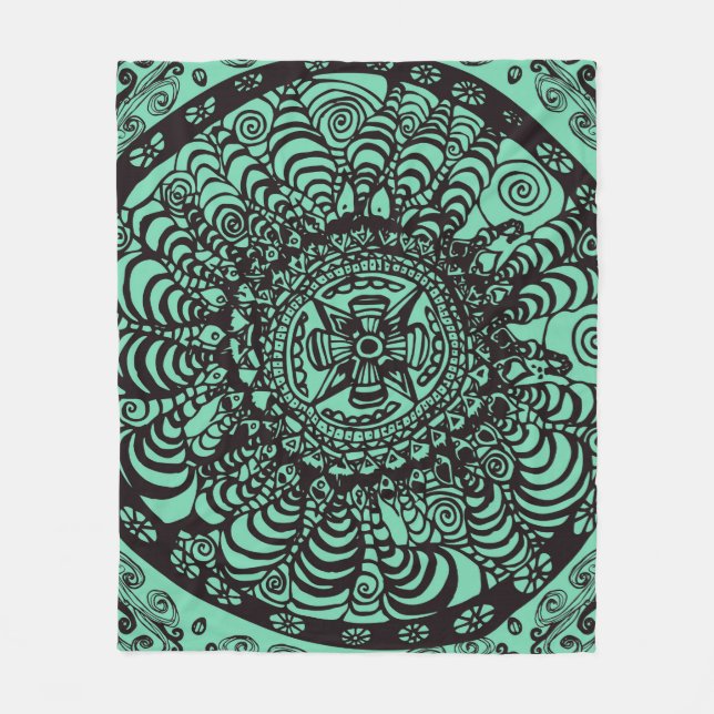 Svarta och Grönt Mandala Fleece Blanket (Framsidan)