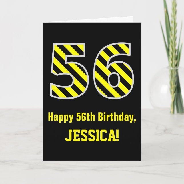 Svarta och gula ränder "56"; 56-årsdag + namn kort (Framsida)