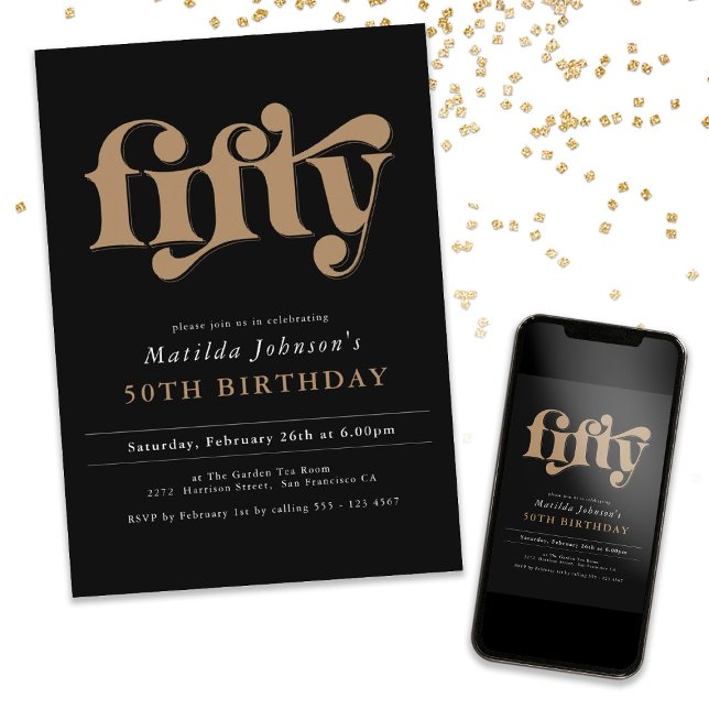 Svarta och Guld 50:e Födelsedagsfest inbjudan (Black and Gold 50th Birthday Party Invitation)