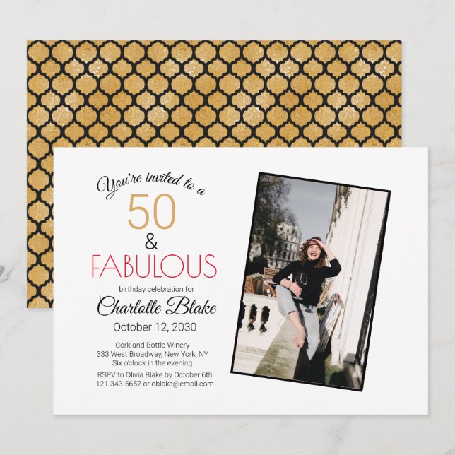 Svarta och Guld 50:e Födelsedagsfest inbjudan (Fram/baksida)