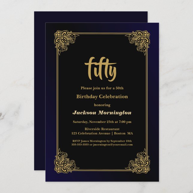Svarta och Guld 50:e Födelsedagsfesten Inbjudningar (Fram/baksida)