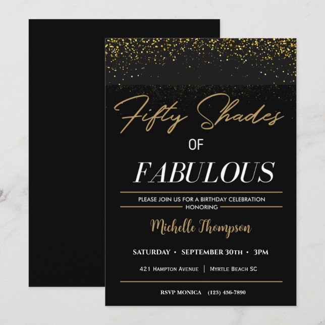 Svarta och Guld 50 Shades av Fabulous Birthday Inbjudningar (Fram/baksida)