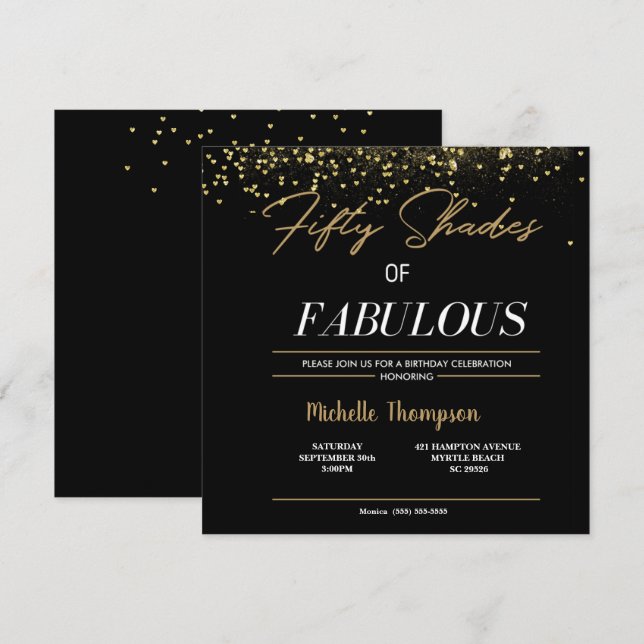 Svarta och Guld 50 Shades av Fabulous Birthday Inbjudningar (Fram/baksida)