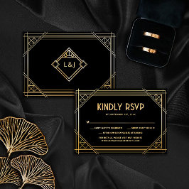 Svarta och Guld Art Deco Bröllop Monogram OSA kort
