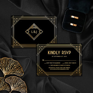 Svarta och Guld Art Deco Bröllop Monogram OSA kort