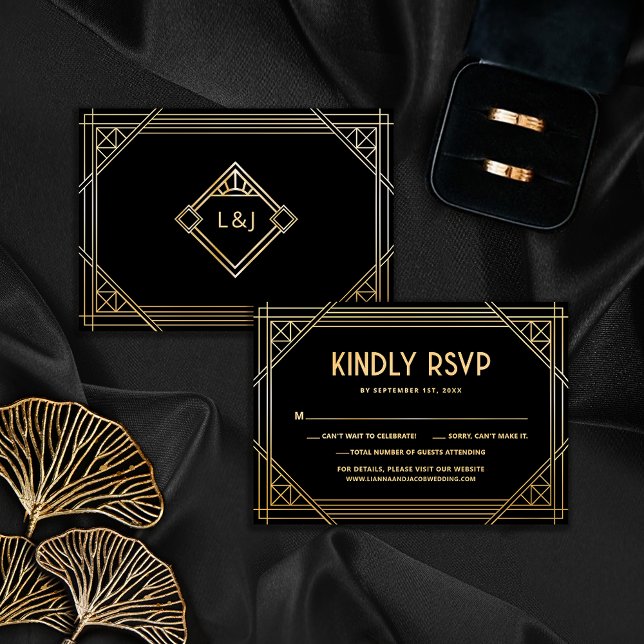 Svarta och Guld Art Deco Bröllop Monogram OSA kort (Skapare uppladdad)