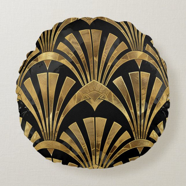 Svarta och guld art deco lyxury mönster rund kudde (Framsidan)