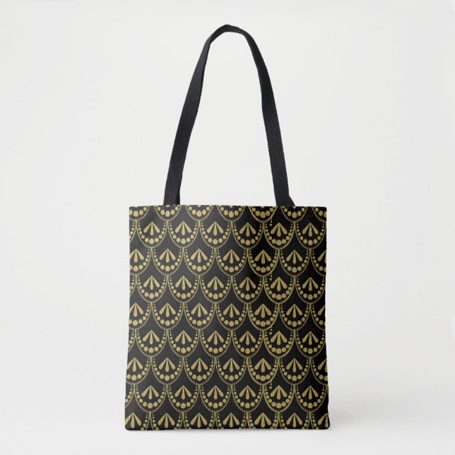 Svarta och guld art-deco mönster 12 tote bag tygkasse (Framsida)