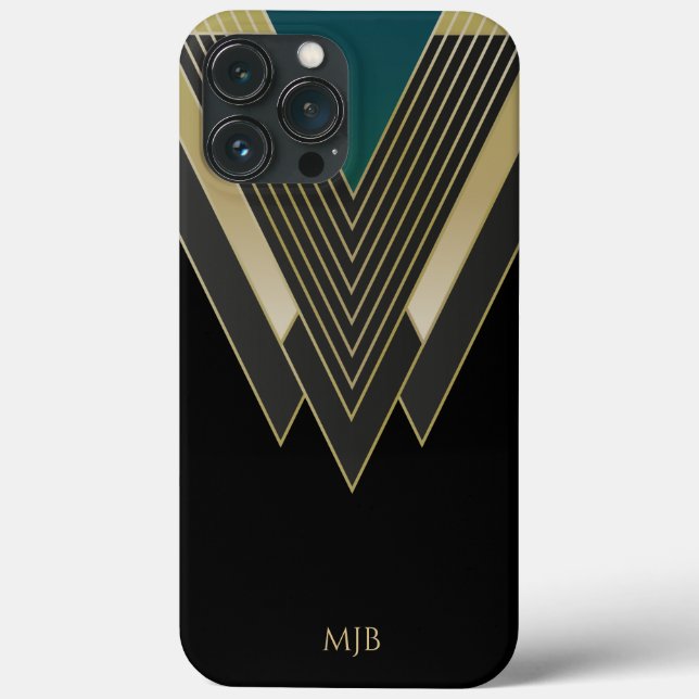Svarta och Guld Art Deco Mönster med Monogram (Baksida)