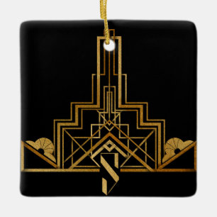Svarta och Guld Art nouveau/Deco Mönster på en Julgransprydnad Keramik